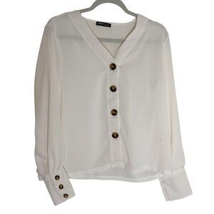 Shein Button Front  Cuff V Neck Top Blouse Shirt White S 4